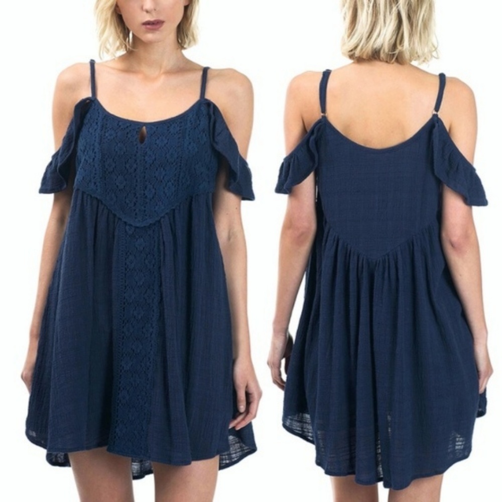 LINEN COLD SHOULDER FLUTTER SLEEVE DRESS - Picture 3 of 3
